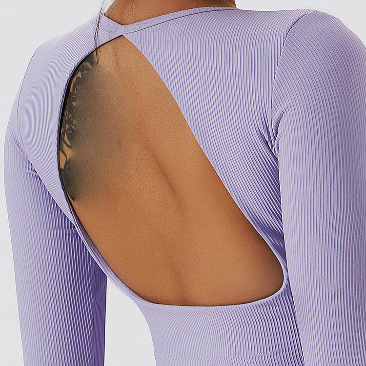 Naistele mõeldud jõusaali T-särk, seljata kärbitud pikkade varrukatega, sisseehitatud rinnahoidjaga