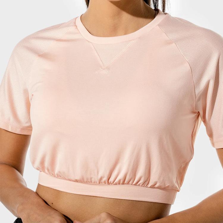 Wholesale Sweat Wicking Elastic Bottom Mesh Panel Custom Fitness Crop T Shirts For Women